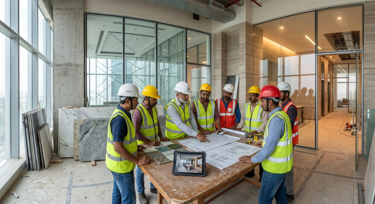 Project team reviewing drawings on an interior construction site